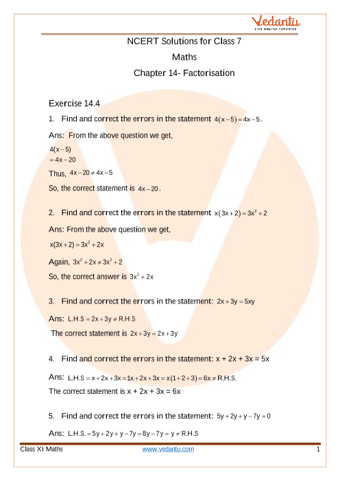 Access NCERT Solutions for Class 7 Mathematics Chapter 14- Factorisation part-1