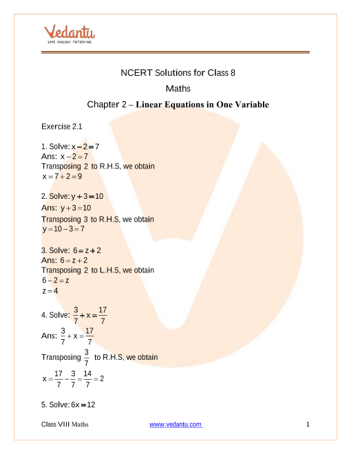 Access NCERT solutions for Class 8 Maths Chapter 2 - Linear Equations in One Variable part-1