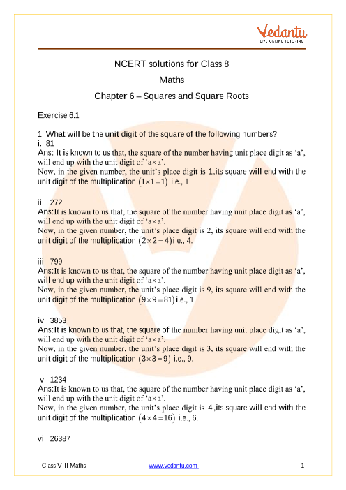 Access NCERT Solutions for Class 8 Maths Chapter 6 – Squares and Square Roots part-1