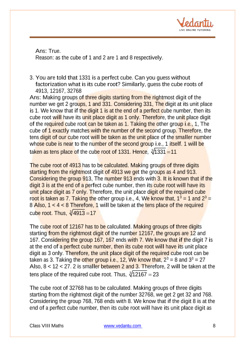 Ncert Solutions For Class 8 Maths Chapter 7 Cubes And Cube Roots