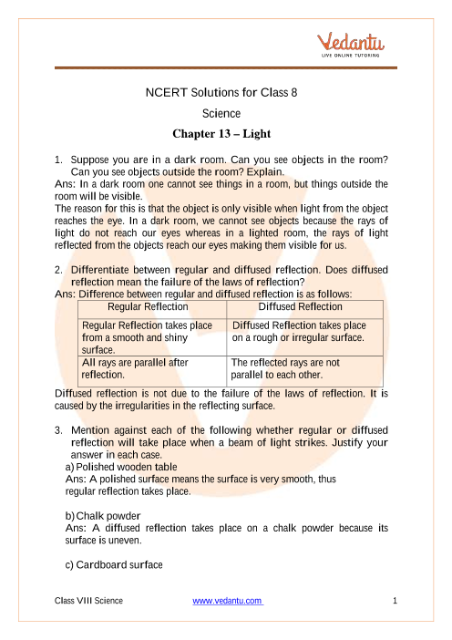 case study questions class 8 science light