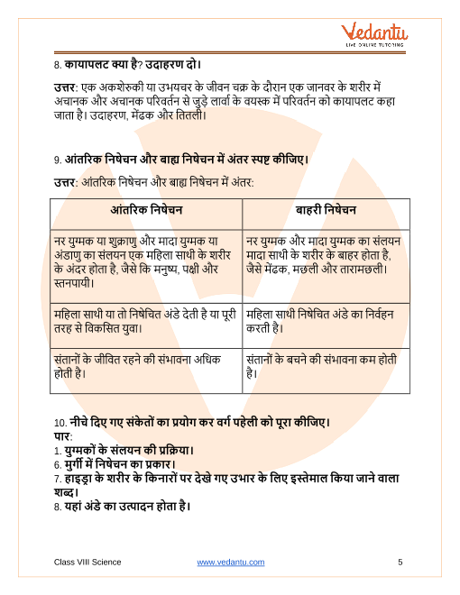 NCERT Solutions for Class 8 Science Chapter 9 Reproduction in Animals in  Hindi