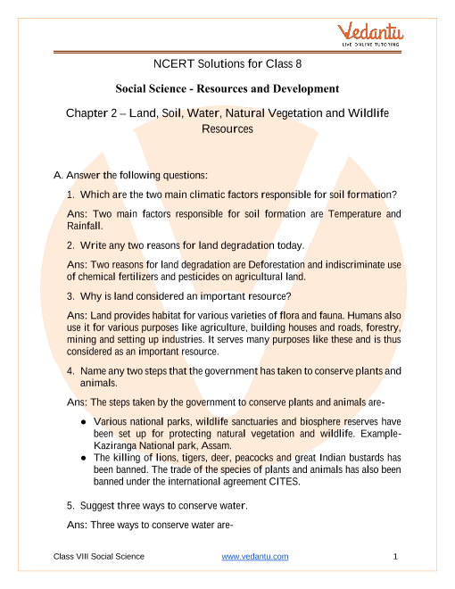 Download NCERT Solutions for Class 8 Social Science Chapter 2 - Resources  and Development land, Soil, Water, Natural Vegetation and Wildlife  Resources PDf