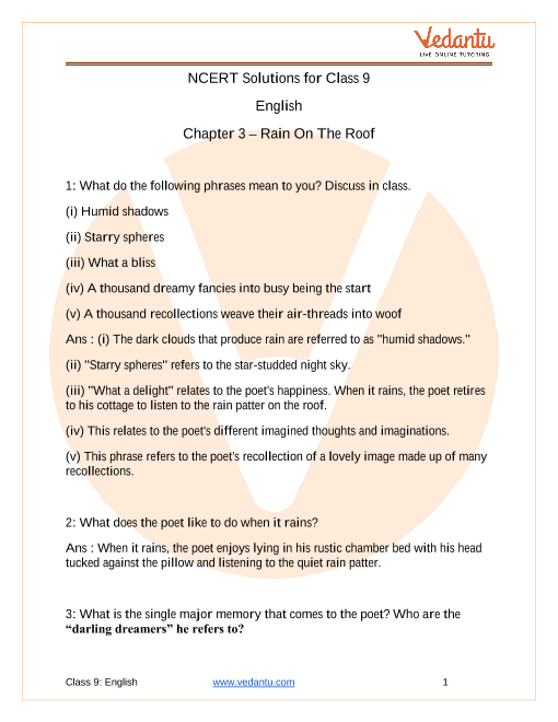 NCERT Solutions for Class 9 English Poem Chapter 3 - Rain on the Roof