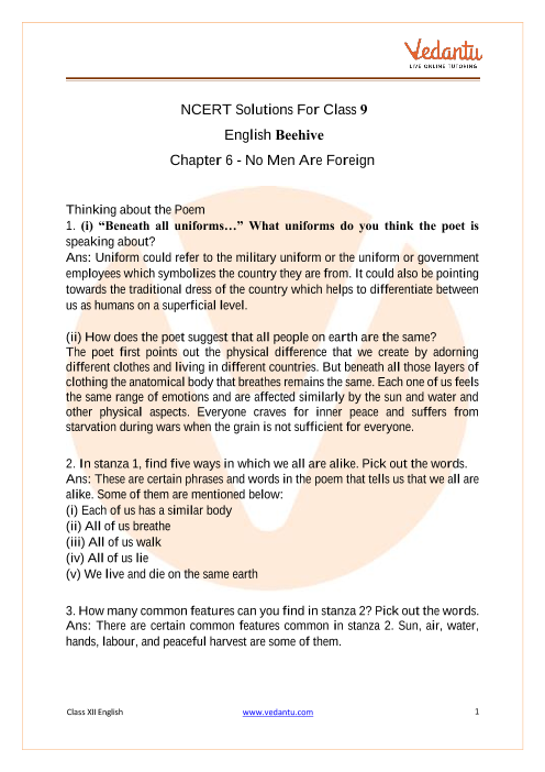 cAccess NCERT Solutions For Class 9 English Beehive Chapter 6 - No Men Are Foreign part-1