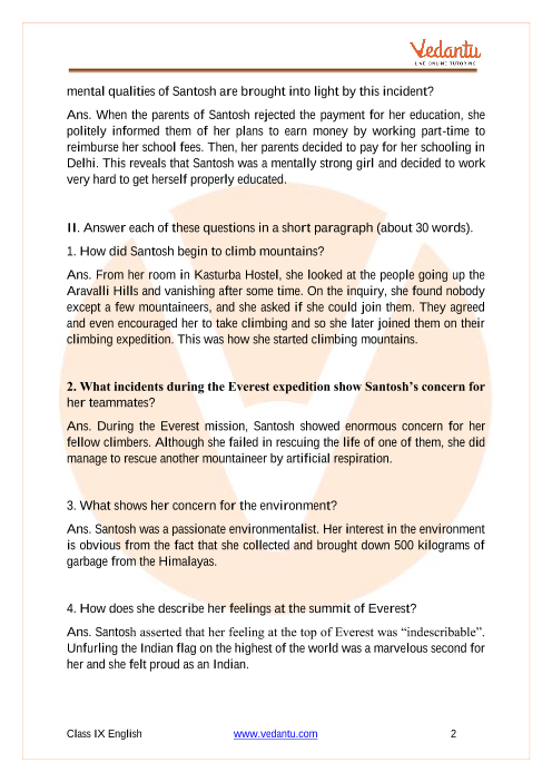 NCERT Solutions for Class 9 English Chapter 8 "Reach For The Top".