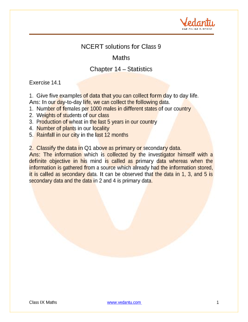Access NCERT solutions for Maths Chapter 14 – Statistics part-1