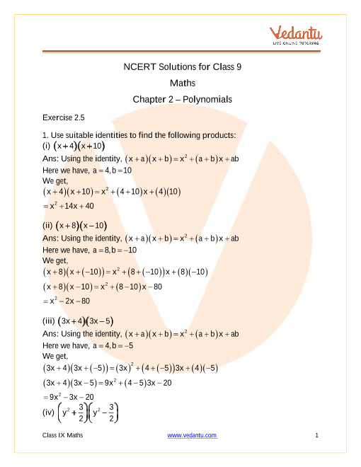 NCERT Solutions for class 9 Maths Chapter 2- Polynomials Exercise 2.5 part-1