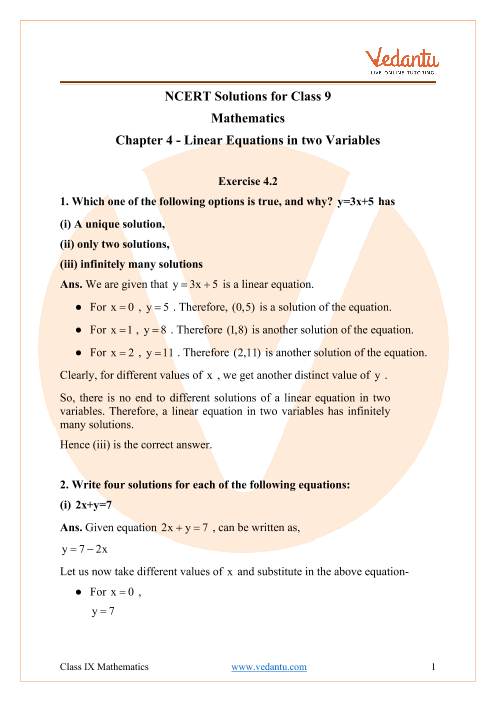 Access NCERT Solutions for Maths  Chapter 4 - Linear Equations in Two Variables part-1