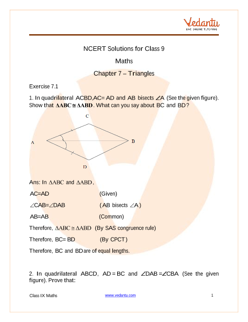 NCERT Solutions for Class 9 Maths Chapter 7 Triangles Exercise 7.3 part-1