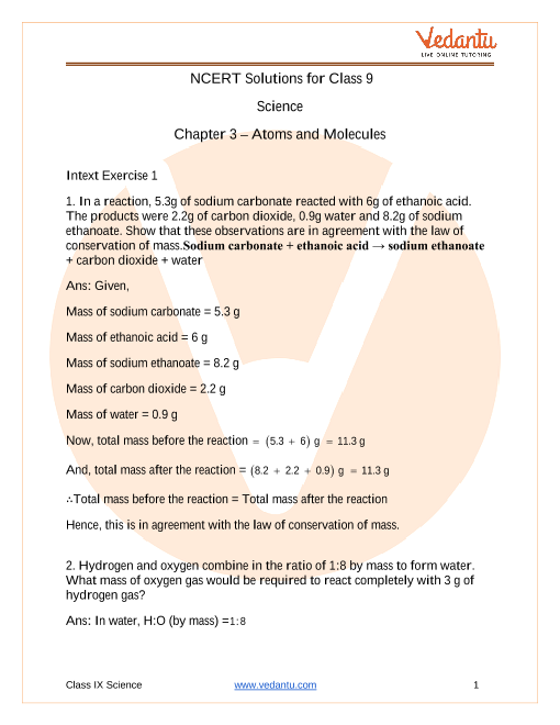 Access NCERT Solutions for Science Class 9 Chapter 3 – Atoms and Molecules part-1