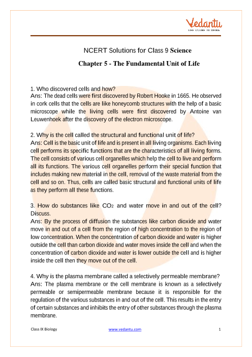 NCERT Solutions for Class 9 Science Chapter 5 The Fundamental Unit of Life part-1