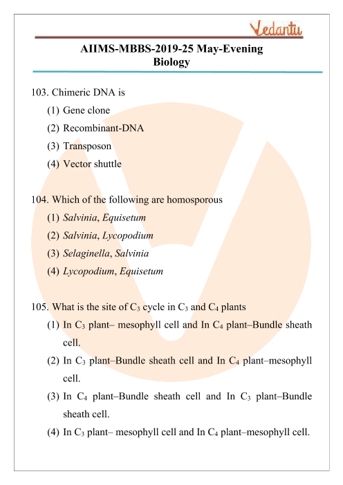 AIIMS 2019 Biology Question Paper 25th May 2019 Evening Shift part-1