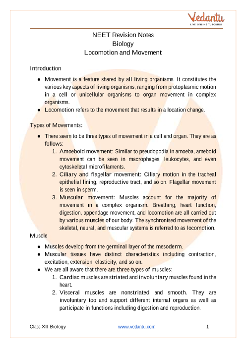 Revision Notes on Locomotion and Movement for NEET 2023 - Free PDF Download
