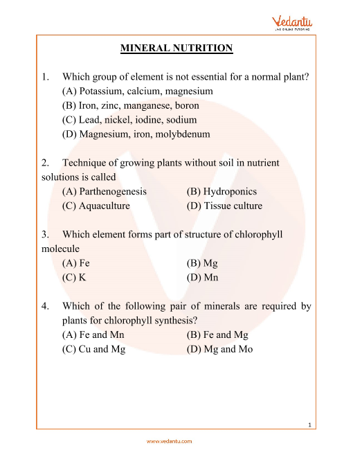 NEET Important Questions for Biology Chapter - Mineral Nutrition