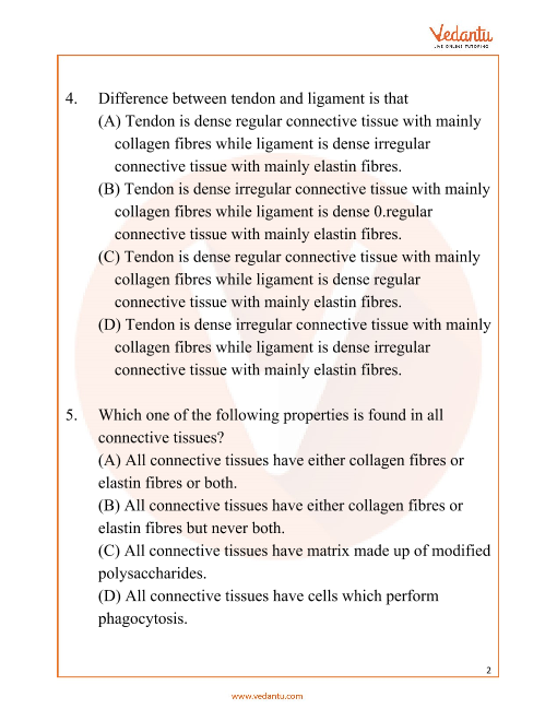 NEET Important Questions for Structural Organisation in Animals Free PDF