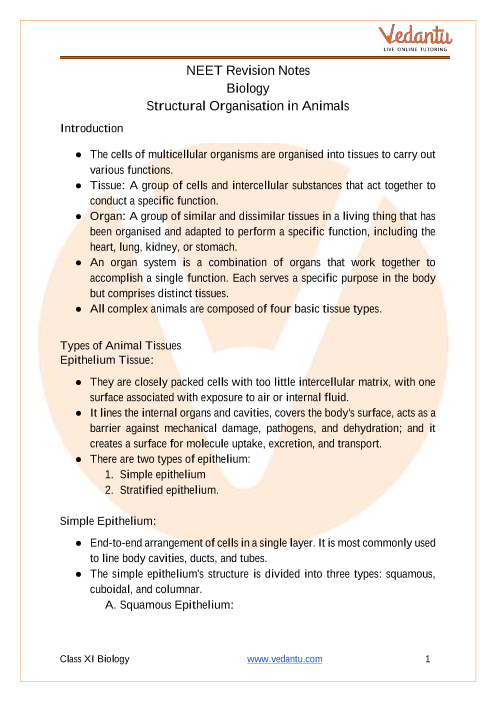 Revision Notes on Structural Organisation in Animals NEET 2023 - Free PDF  Download