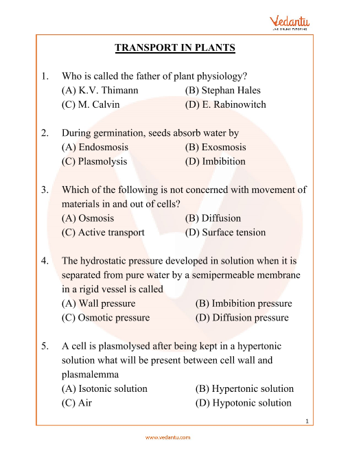 NEET Important Questions and Solutions for Biology - Transport in Plants  Free PDF