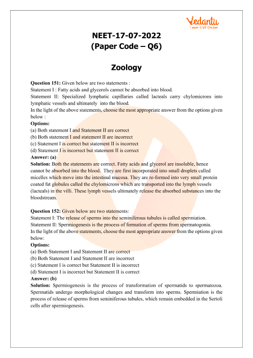 NEET 2022 Zoology Question Paper with Solutions