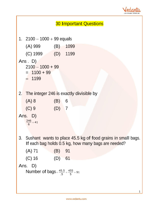 Imo Maths Important Questions For Class 6