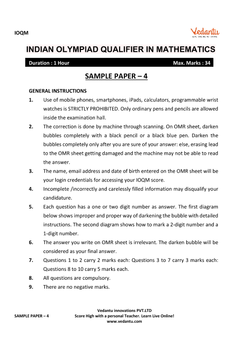 IOQM 2021 Sample Paper 4 part-1