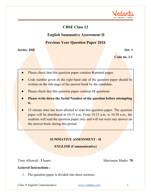 CBSE Class 10 English Communicative Question Paper 2016 All India Scheme part-1