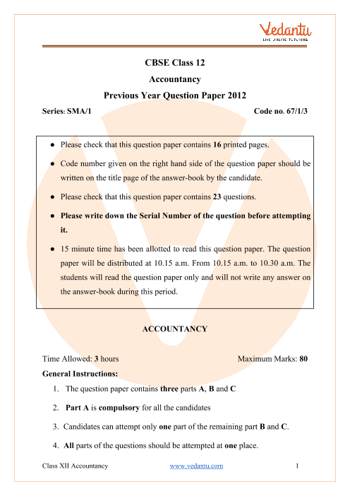 CBSE Class 12 Accountancy Question Paper 2012 with Solutions part-1