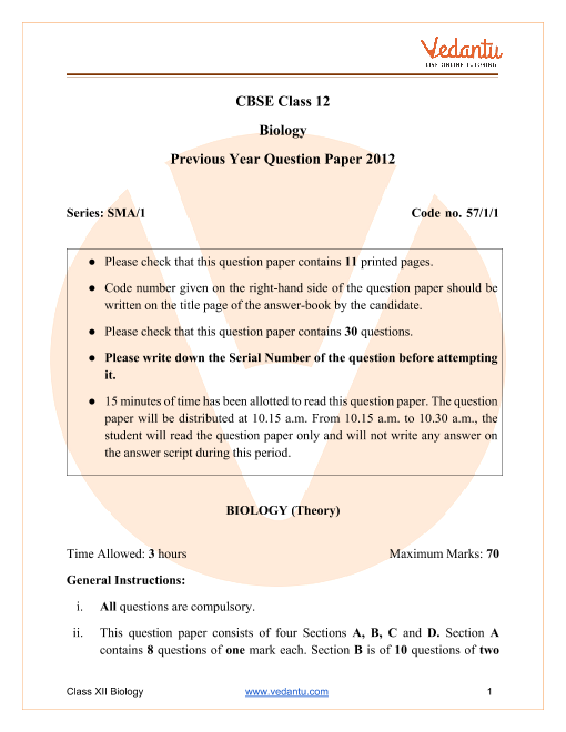 CBSE Class 12 Biology Question Paper 2012 part-1