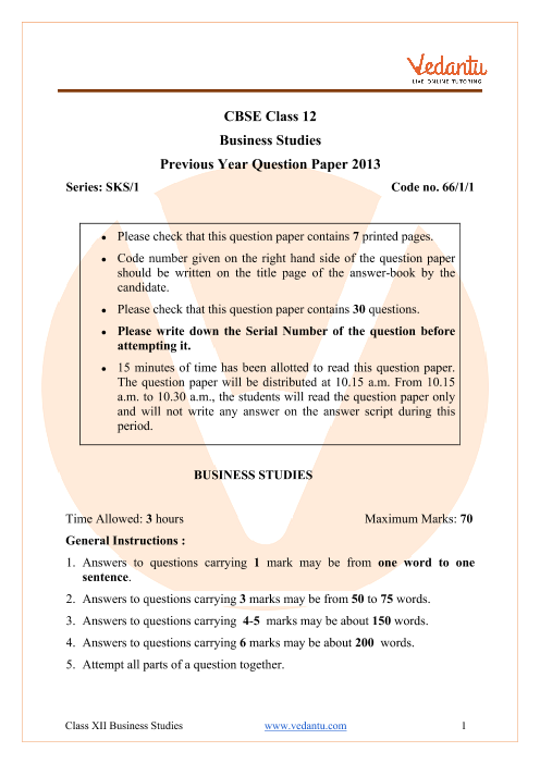 CBSE Class 12 Business Studies Question Paper 2013 part-1