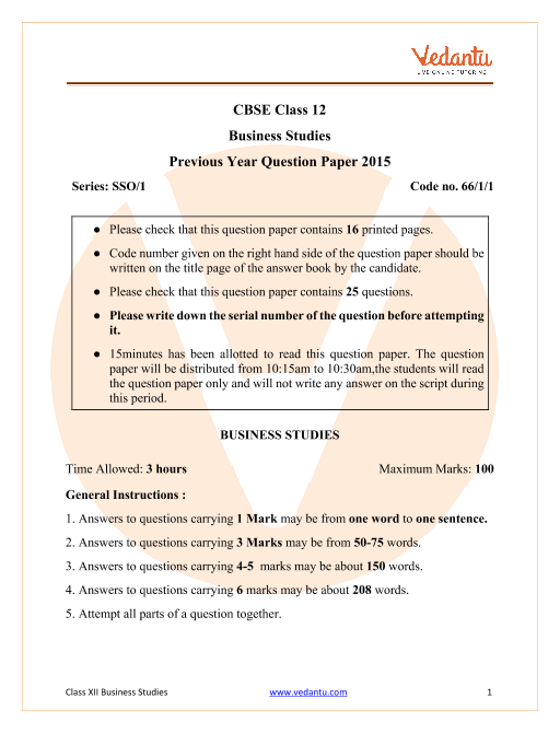 CBSE Class 12 Business Studies Question Paper 2015 Delhi Scheme part-1