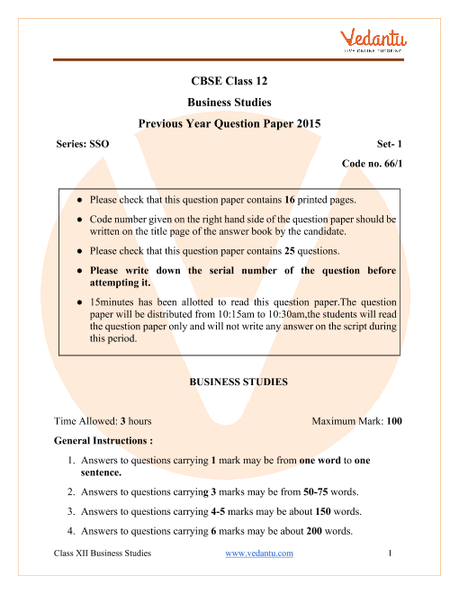 CBSE Class 12 Business Studies Question Paper 2015 All India Scheme part-1