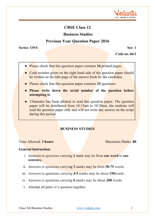 CBSE Class 12 Business Studies Question Paper 2016 All India Scheme part-1