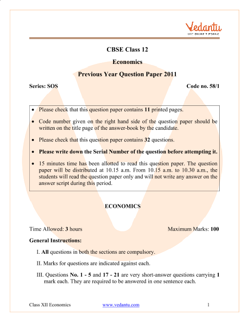 CBSE Class 12 Economics Question Paper 2011 part-1