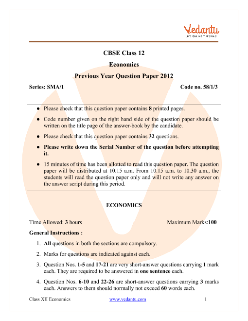 CBSE Class 12 Economics Question Paper 2012 part-1