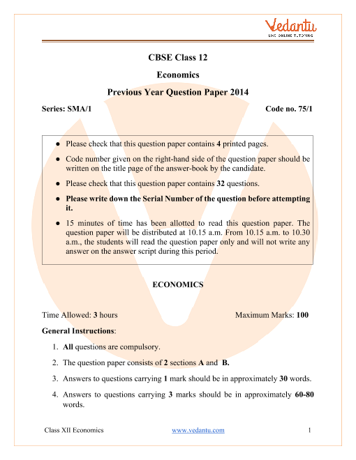 CBSE Class 12 Economics Question Paper 2014 with Solutions part-1