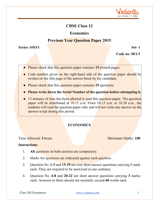 CBSE Class 12 Economics Question Paper & Solutions 2015 Delhi Scheme part-1