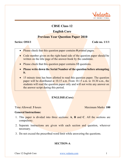 CBSE Class 12 English Core Question Paper 2010 part-1