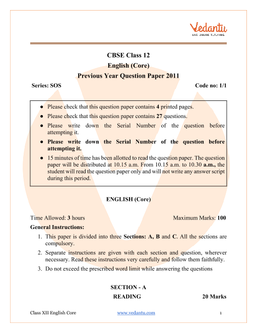 CBSE Class 12 English Core Question Paper 2011 part-1