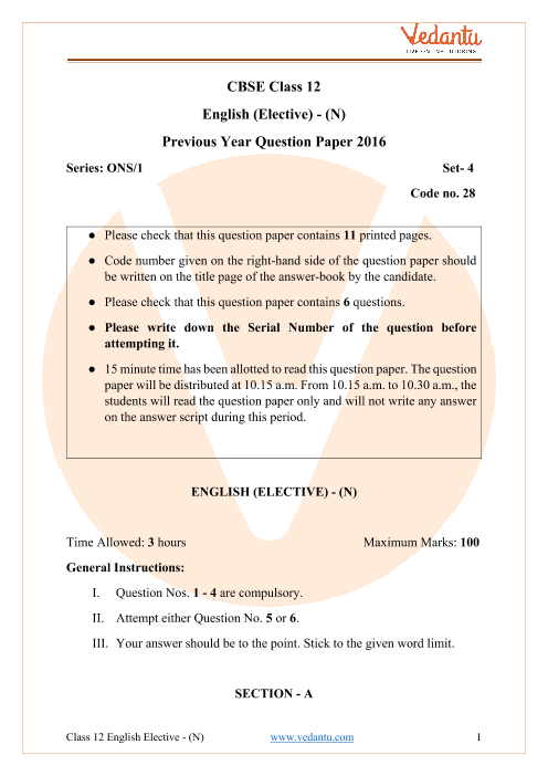 CBSE Class 12 English Elective Question Paper 2016 Delhi Scheme part-1