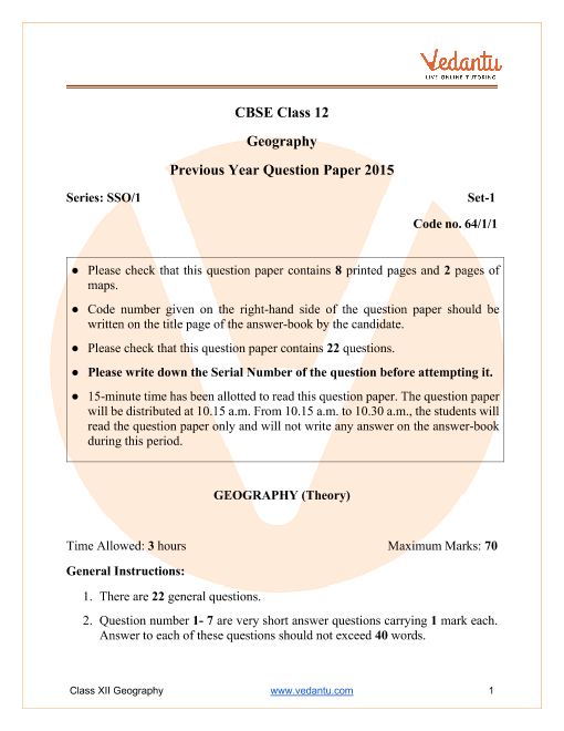 CBSE Class 12 Geography Question Paper 2015 Delhi Scheme part-1