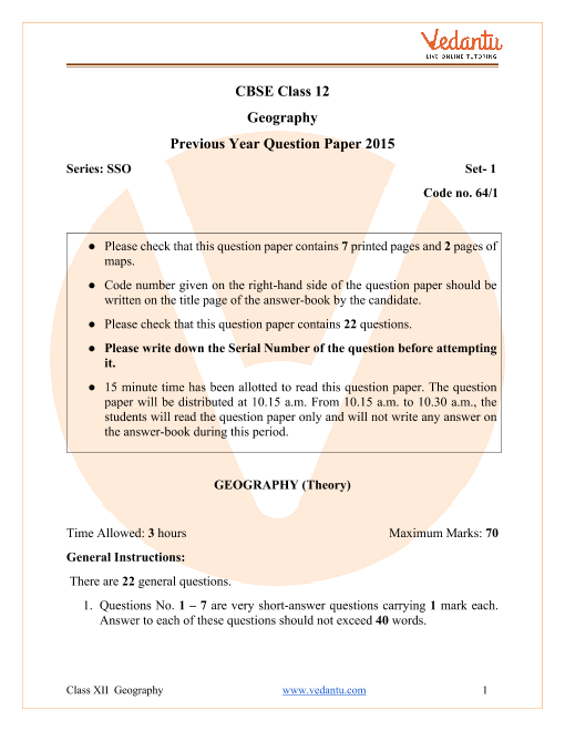CBSE Class 12 Geography Question Paper 2015 with Solutions part-1