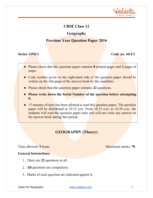 CBSE Class 12 Geography Question Paper 2016 Delhi Scheme part-1