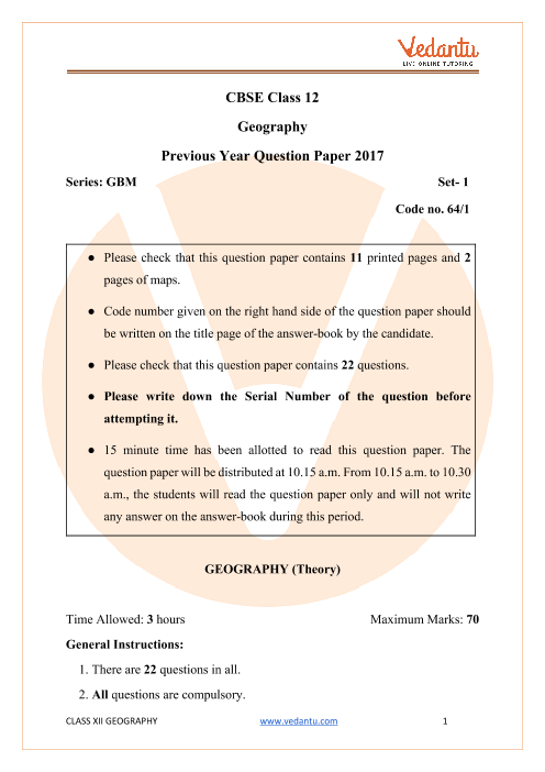 CBSE Class 12 Geography Question Paper 2017 All India Scheme part-1