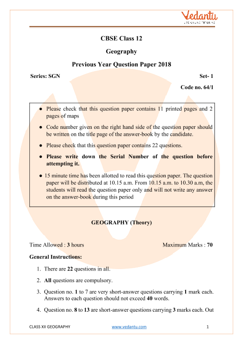 CBSE Class 12 Geography Question Paper 2018 part-1