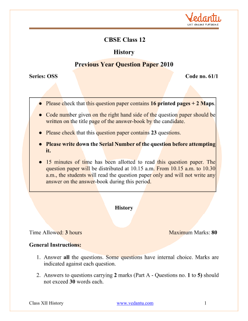 CBSE Class 12 History Question Paper 2010 with Solutions part-1