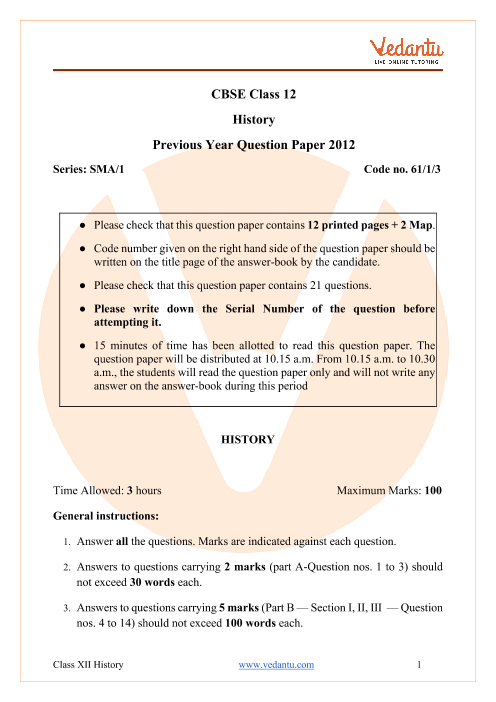 CBSE Class 12 History Question Paper 2012 with Solutions part-1