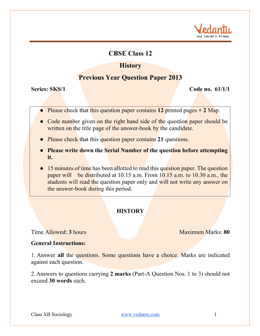 CBSE Class 12 History Question Paper 2013 with Solutions part-1