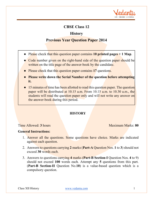 CBSE Class 12 History Question Paper 2014 with Solutions part-1