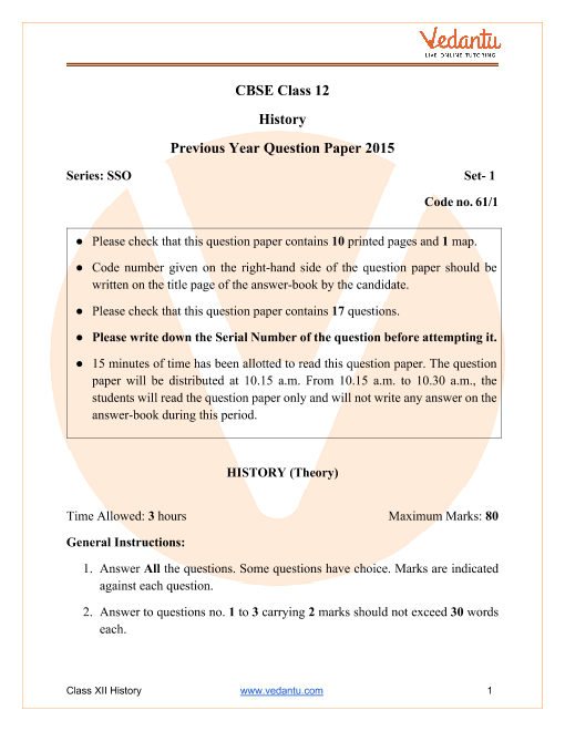 CBSE Class 12 History Question Paper 2015 All India Scheme (2) part-1
