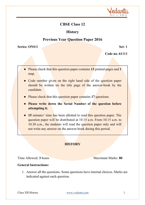CBSE Class 12 History Question Paper & Solutions 2016 Delhi Scheme part-1
